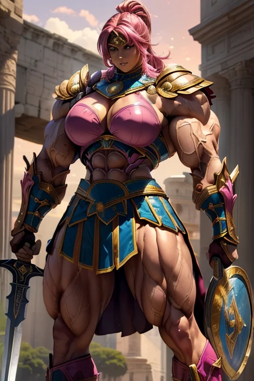 ((((Massive, tall, beautiful, buff, muscular brown skinned female spartan with shocking pink hair, ginormous bulky muscles, holding a sword and shield and wearing an all pink gleaming spartan armor and pleated skirt)))), (close view), black eyeliner, massive muscles, massive biceps, hyper muscle triceps, (angled bob cut), red eyes, spartan boots, In a Roman city, steel spartan armor, armor breastplate, nighttime, confident smile, (hyper muscles arms), hyper muscle legs, (ginormous arms)
