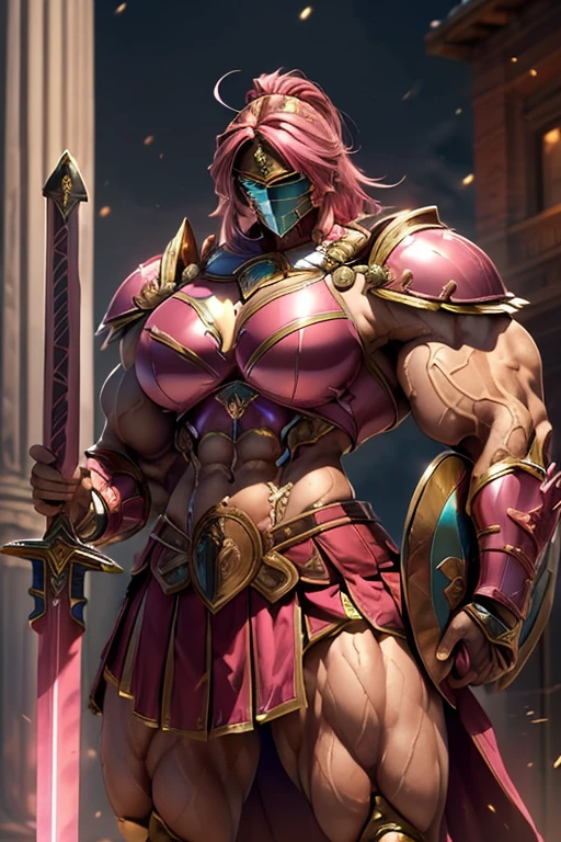 ((((Massive, tall, beautiful, buff, muscular brown skinned female spartan with shocking pink hair, ginormous bulky muscles, holding a sword and shield and wearing an all pink gleaming spartan armor and pleated skirt)))), (close view), black eyeliner, massive muscles, massive biceps, hyper muscle triceps, (angled bob cut), red eyes, spartan boots, In a Roman city, steel spartan armor, armor breastplate, nighttime, confident smile, (hyper muscles arms), hyper muscle legs, (ginormous arms)