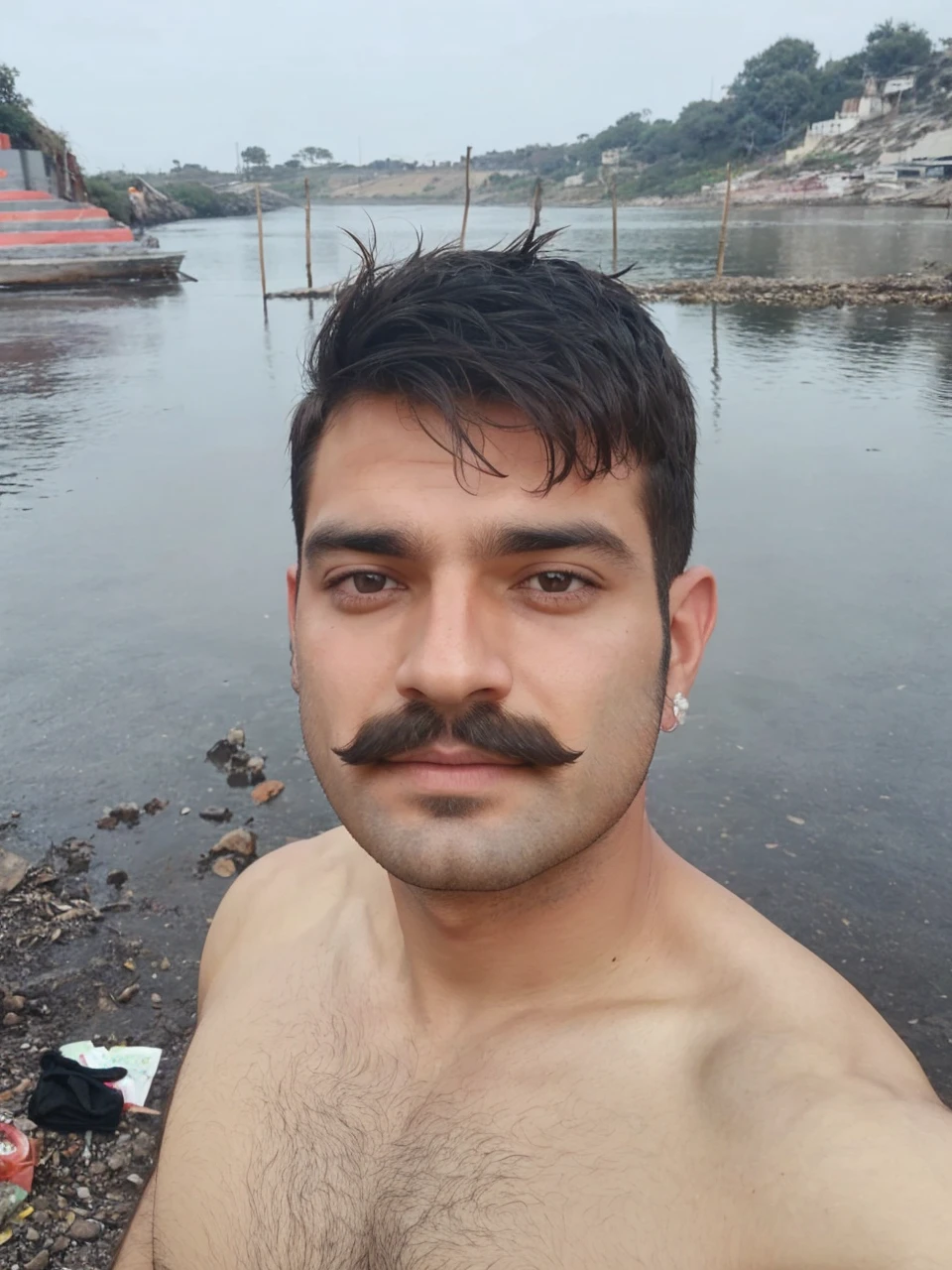 mustache on face, hairy chest, bear chest, messy hair chest,