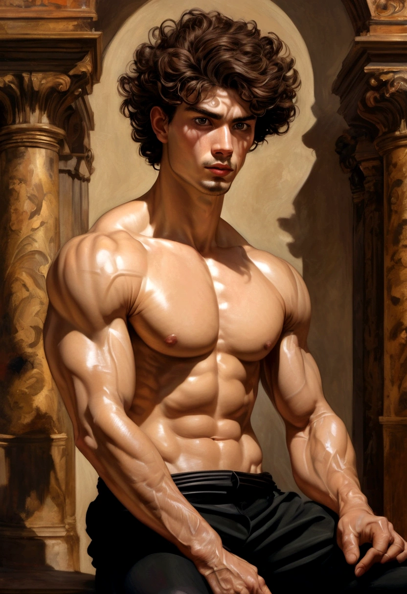 fullbody, oil painting A young man, ginger, masculine gaze, white skin, thin face, straight nose, thin lips, square chin, large black eyes, short black wavy hair, in roberto ferri style, aesthetic hairy athletic body, slightly bearded, realistic skin, gorgeous, tonned muscles, barefoot,  perfect anatomy, muscled fitness body,  In artistic style of leng jun and Caravaggio, he is sitting by the entrance of fancy platation house in luisiana in caravagio+rembrantd+rubens style