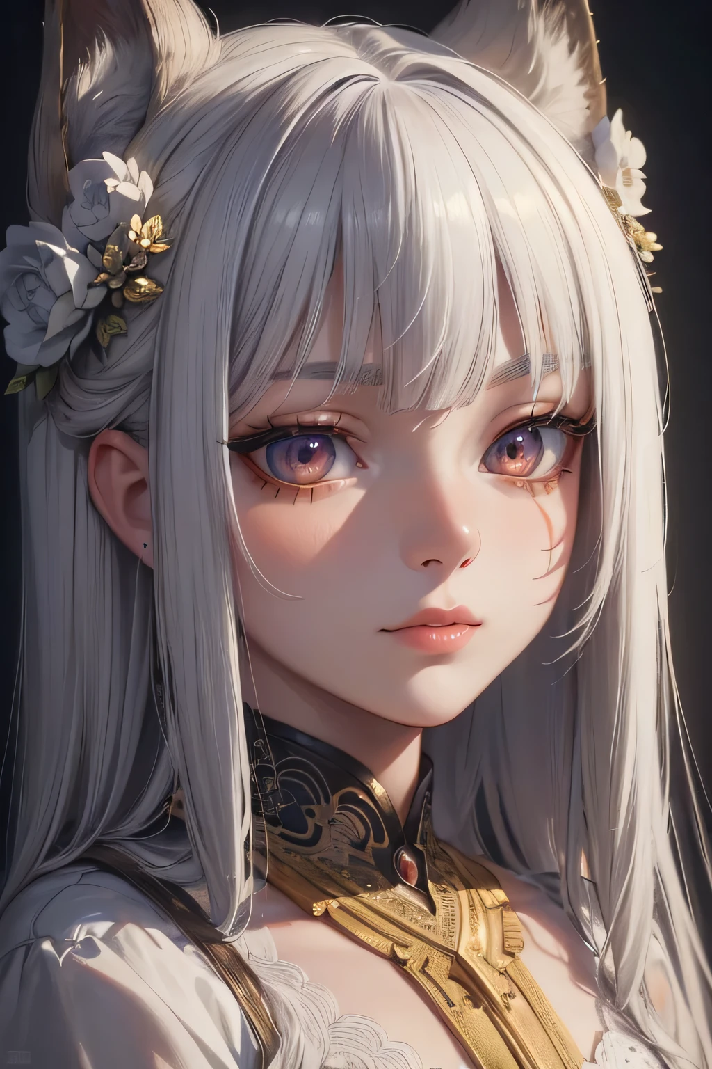 a kitsune girl, 16 years old, white hair, writing, detailed portrait,beautiful detailed eyes,beautiful detailed lips,extremely detailed face,long eyelashes,elegant,graceful,serene expression,intricate details,cinematic lighting,warm color palette,fantasy,digital art,8k,photorealistic,masterpiece,highly detailed
