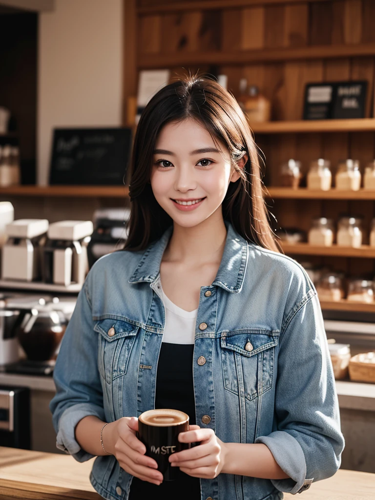 muste piece、High resolution、The coffee shop of the future、A woman brewing delicious coffee、２５old girl、１Girl shop assistant、looking at the camera、smile、The result is exactly as pictured、Coffee and beauty、White and beautiful skin、Use denim jacket