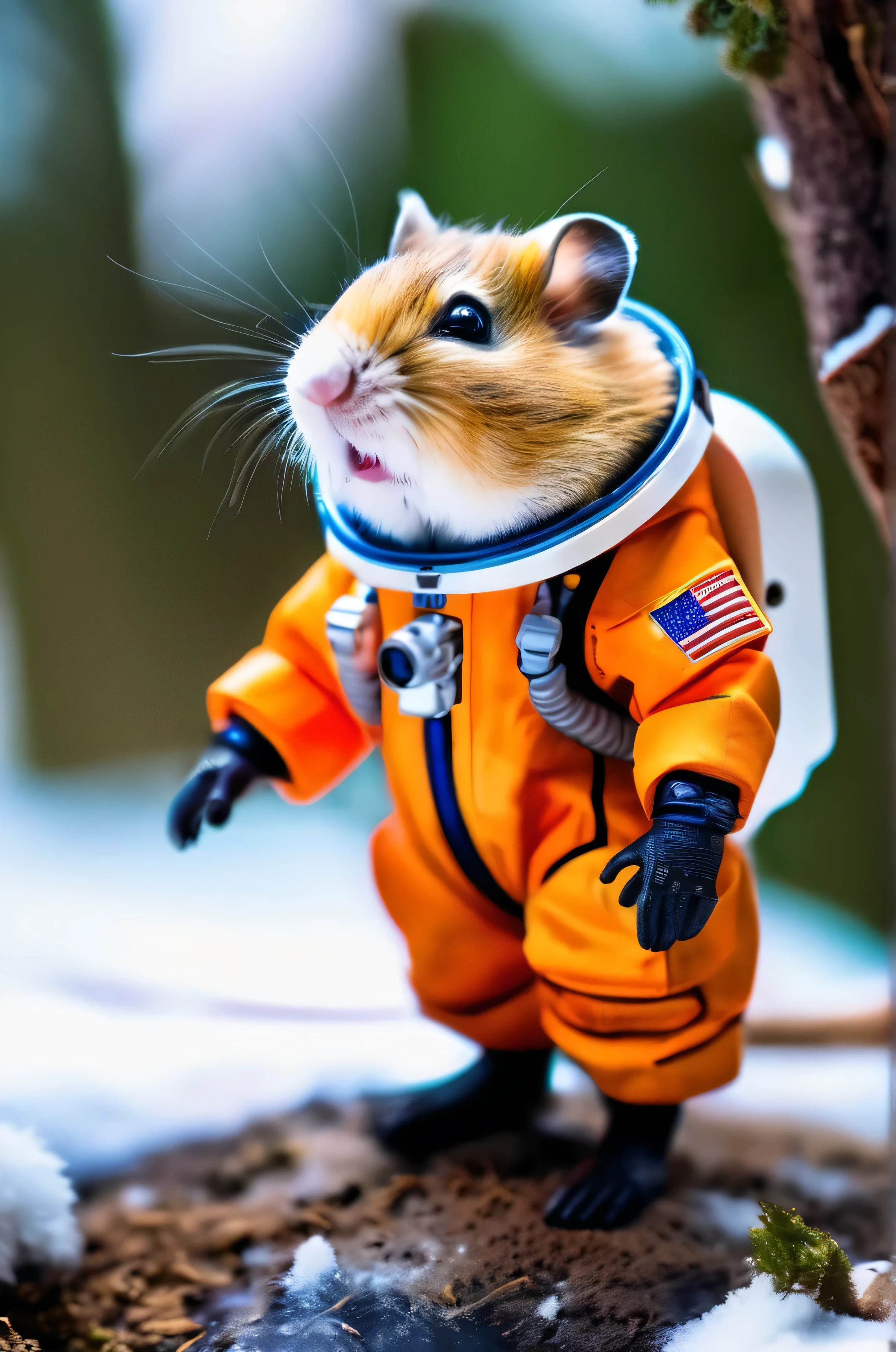 RAW Photos, delicate, highest quality,Hyper Detail, In detail,  8k, 32k, masterpiece,(Ultra-high resolution:1.2),Djungarian hamster wearing a space suit, taking off his helmet、The mission to the moon is ready, In the snowy forest、Cloudy Trees々and crunchy, cold,Hide in burrows and tree holes,Rim Light