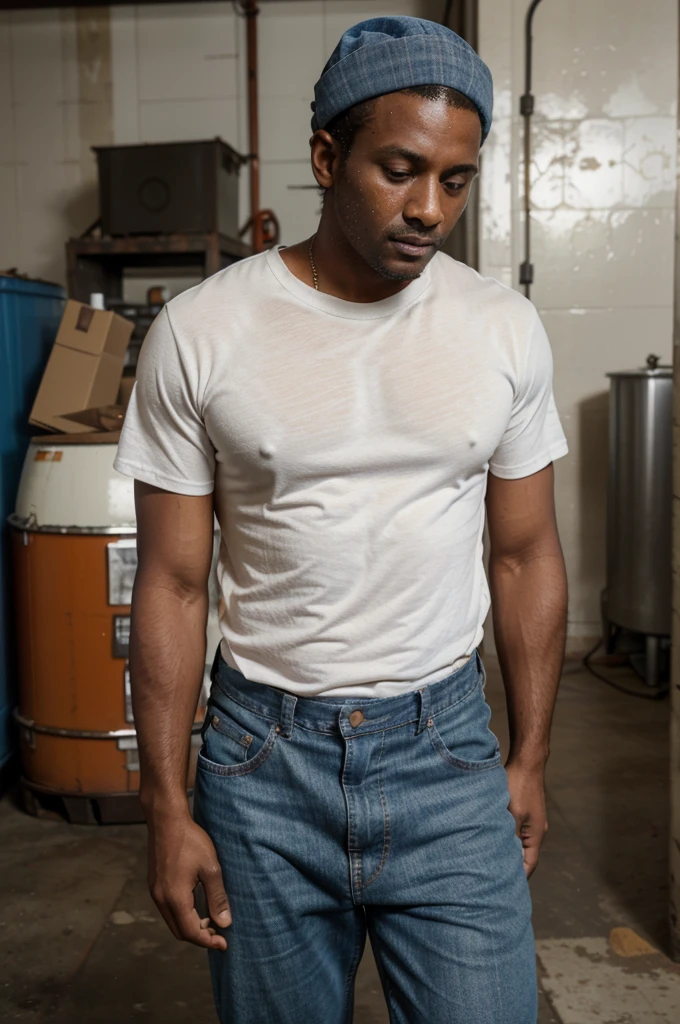 35 year old man, brown skin, face looks tired and sweaty, medium build, wearing a loose white t-shirt, orange collar, wearing a blue chef's hat, jeans, boots, standing in an industrial room, faint big round lots of white smoke filling room, realistic picture, full hd