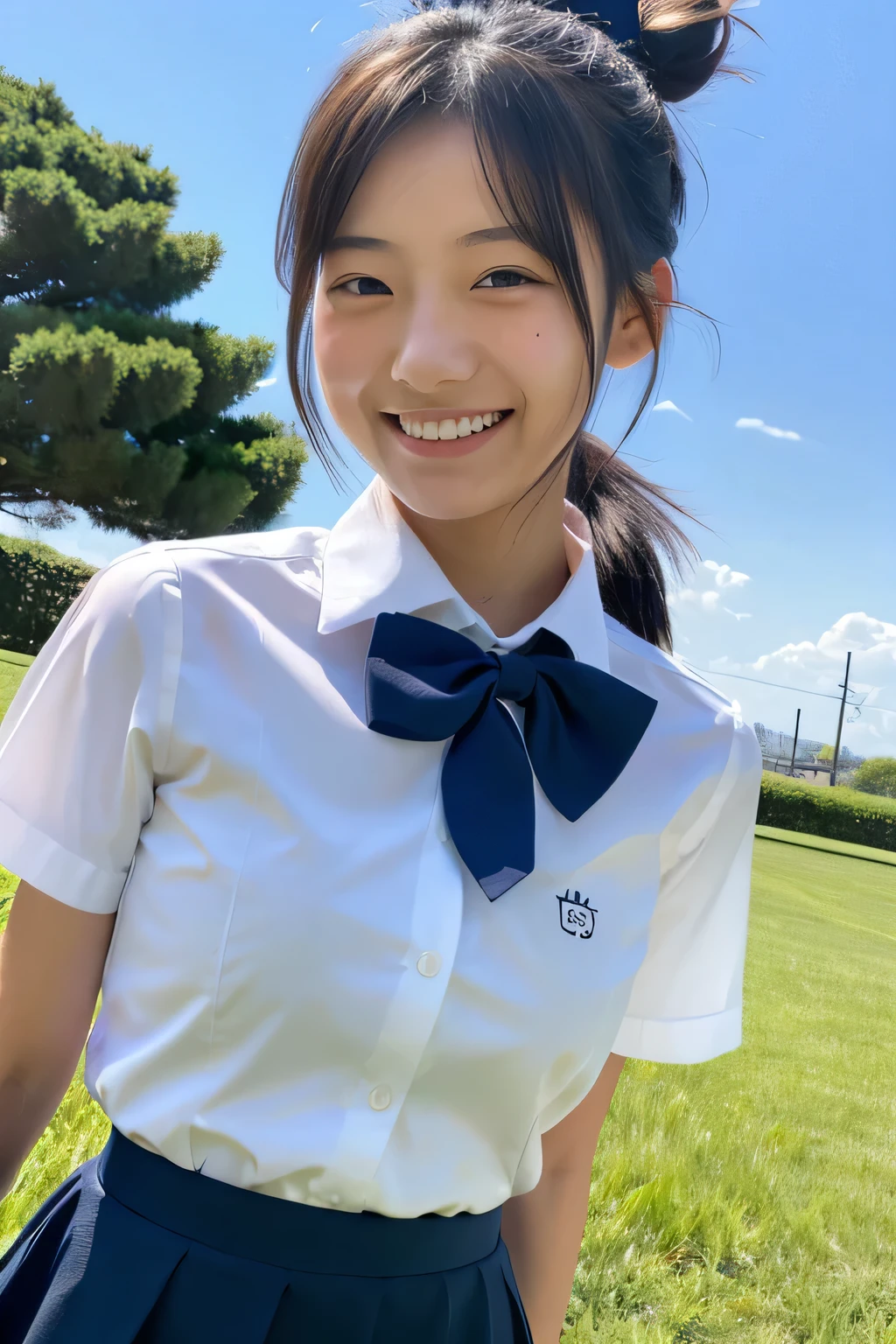 ((masterpiece)), japanese, (a girl), (18 years old), (((school uniform))), smiling, a park, dark blue knit vest, (crouch down), (view from front), sunshine,