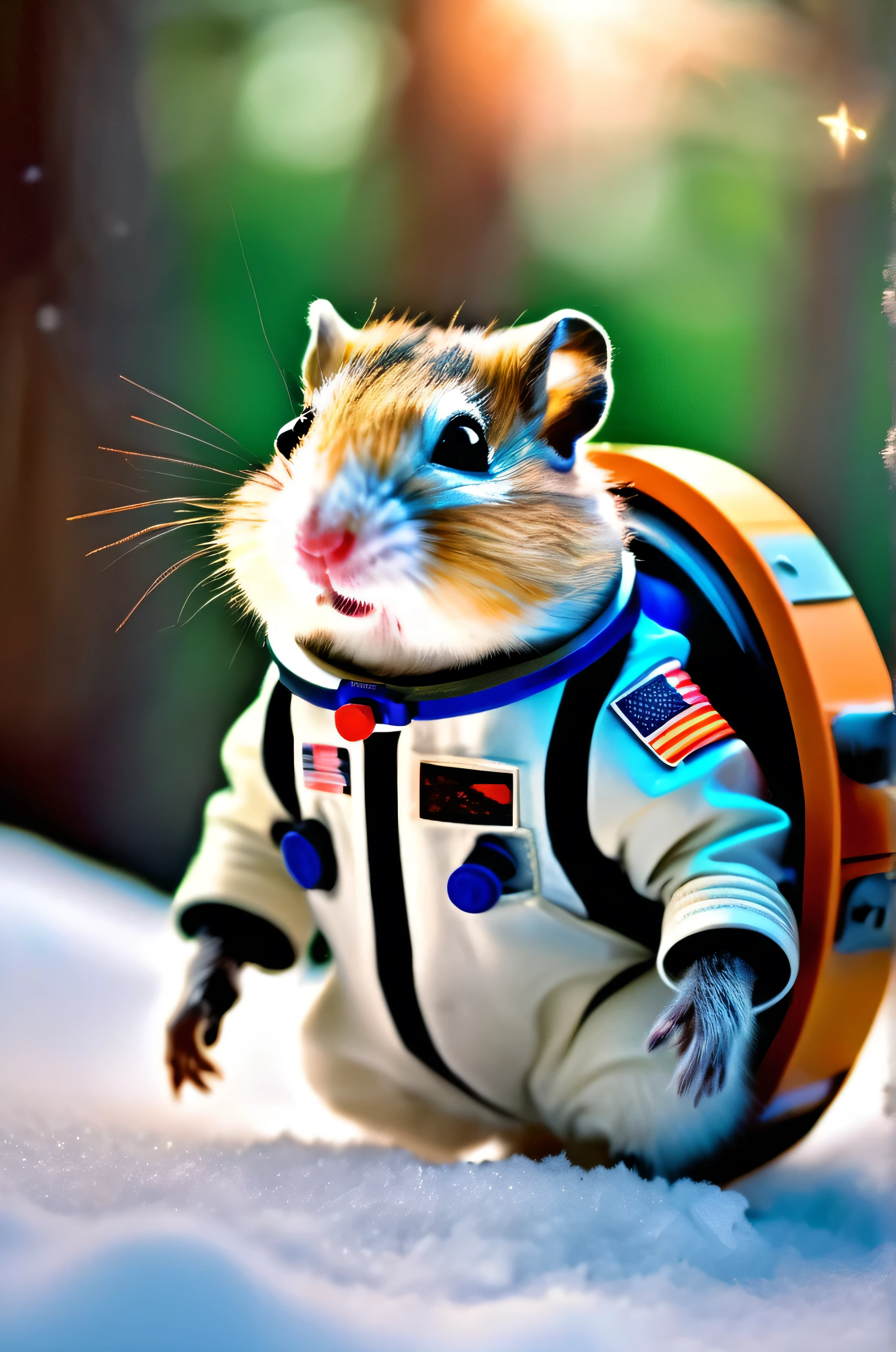 RAW Photos, delicate, highest quality,Hyper Detail, In detail,  8k, 32k, masterpiece,(Ultra-high resolution:1.2),Djungarian hamster wearing a space suit, taking off his helmet、The mission to the moon is ready, In the snowy forest、Cloudy Trees々and crunchy, cold,Hide in burrows and tree holes,Rim Light