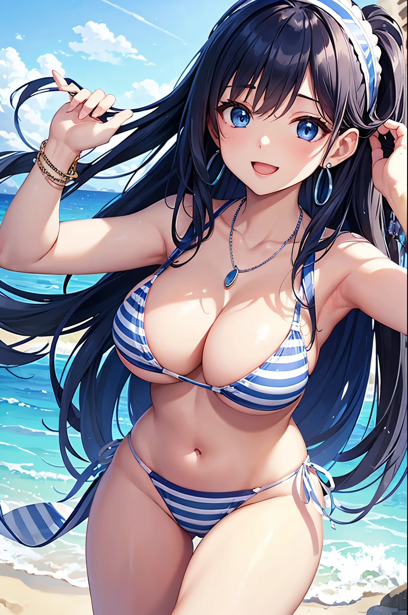 highest quality、highest quality、masterpiece、Beauty、Navy blue long hair、blue eyes、Sexy White Bikini(Dark stripes)、Big cleavage、(Big Breasts)、smile、blue necklace、Blue Earrings、background(Beach)、Please open your mouth wide、White headband、bracelet、Dynamic pose