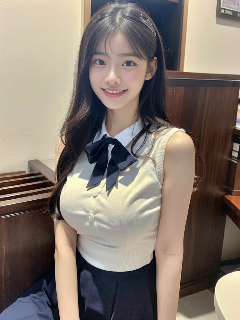 (Super cute Korean high school girl looks into the camera:1.2)(grin,Smile)(Beautiful Sweat:1.1)(16k, RAW Photos, highest quality, masterpiece: 1.2),(Beautiful cat-like black hair) Super detailed, Super Resolution, (Genuine, Genuine photos: 1.37), Portraiture, High-resolution RAW color photos, Professional photos, Very detailed, 8k wallpaper, Very detailed CG Unity 8k wallpaper, Very detailed beautiful girls, Very detailed faces, ((whole body)), beautiful woman, Huge breasts,(huge boobs:1.1) (Big Boobs:1.1), Beauty college student (A tight, girly, navy sleeveless with ribbon.),high school girl, Korean Girls,(K-POP Female Idols), (Idol-class beauty)(Beautiful high school girl:1.1)(A library filled with books)(18-year-old)(Stylish school uniform-style outfit:1.1)(Group photo:1.1)(:1.0)(NSFW)