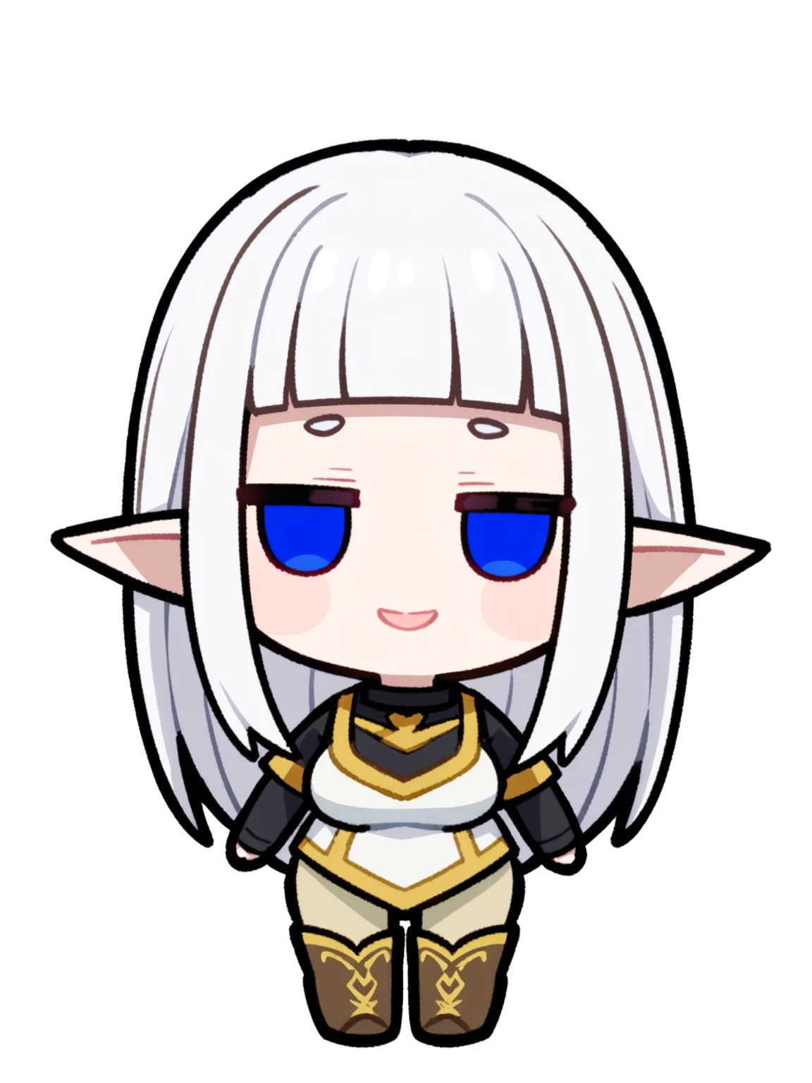 {{{kame (kamepan44231), no humans, chibi, jitome, fumo (doll)}}}, full body, 1 woman, solo, mature female, elf elegant, princess, pointy ears, blue eyes, long hair, straight hair, white hair, blunt bangs, lips, large breasts, happy, white tabard, gold trim, black collar, black undershirt, beige trousers, leather boots, facing viewer, simple background, blank background, medieval fantasy.
