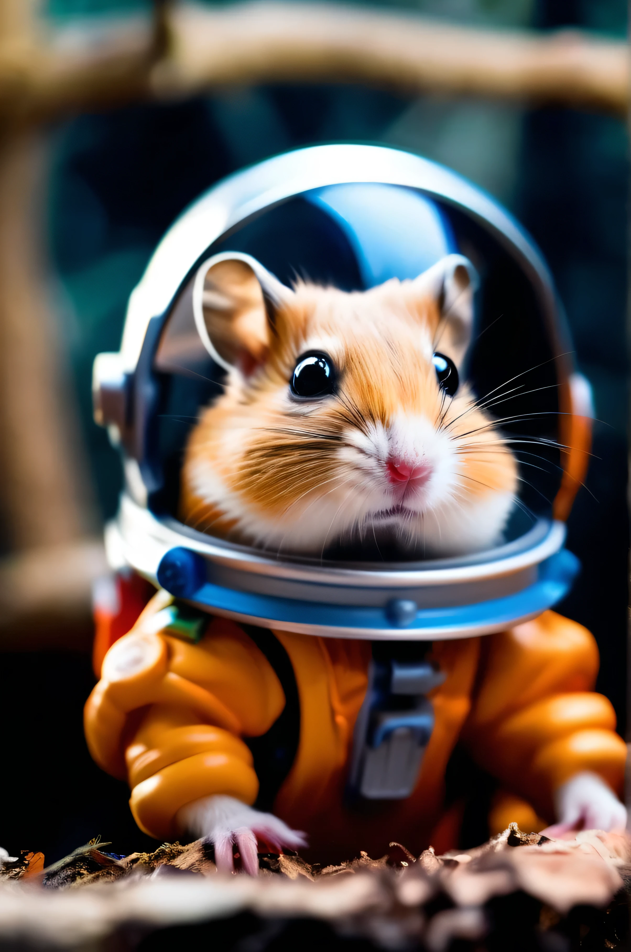 RAW Photos, delicate, highest quality,Hyper Detail, In detail, 8k, 32k, masterpiece,(Ultra-high resolution:1.2),Djungarian hamster wearing a space suit, taking off his helmet、The mission to the moon is ready, In the snowy forest、Cloudy Trees々and crunchy, cold,Hide in burrows and tree holes,Rim Light