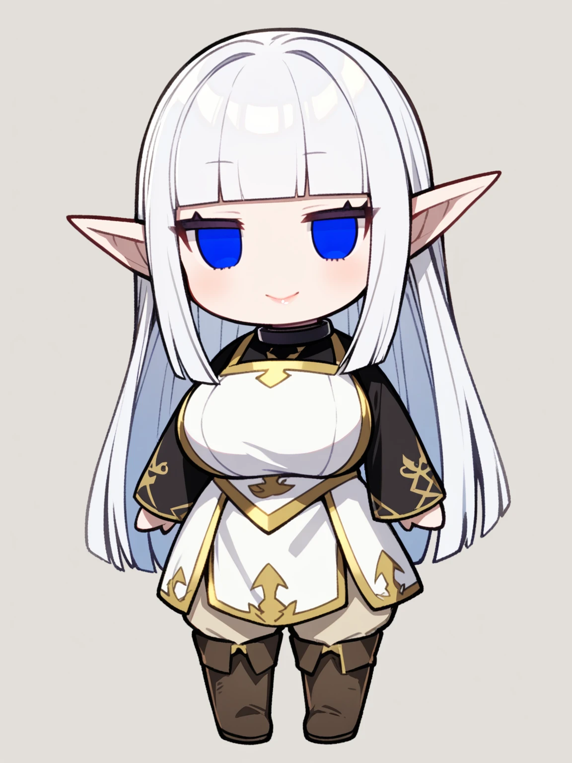{{{kame (kamepan44231), no humans, chibi, jitome, fumo (doll)}}}, full body, 1 woman, solo, mature female, elf elegant, princess, pointy ears, blue eyes, long hair, straight hair, white hair, blunt bangs, lips, large breasts, happy, white tabard, gold trim, black collar, black undershirt, beige trousers, leather boots, facing viewer, simple background, blank background, medieval fantasy.
