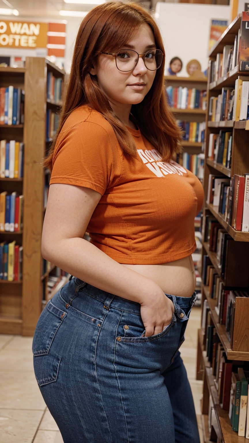 A 25 year old pawg with vibrant orange hair, thick red glasses, chubby with wide hips and a ginormous butt; her figure is pear shaped. She is quite short. She is wearing blue jeans and a loose fitting and soft t-shirt and is searching for new books in a bookstore. Her face is round and sweet though not especially attractive. She is shy towards the camera.