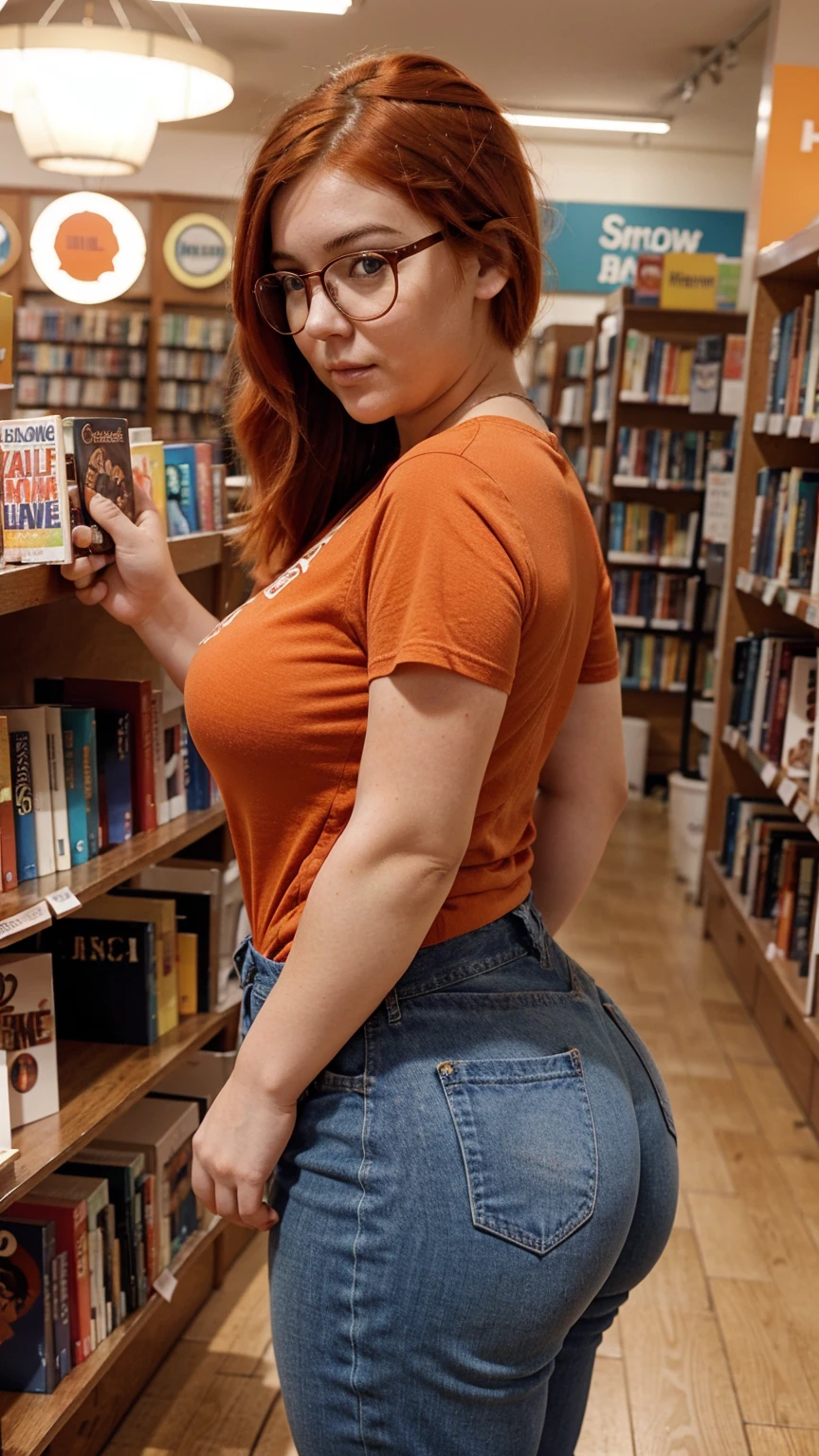 A 25 year old pawg with vibrant orange hair, thick red glasses, chubby with wide hips and a ginormous butt; her figure is pear shaped. She is quite short. She is wearing blue jeans and a loose fitting and soft t-shirt and is searching for new books in a bookstore. Her face is round and sweet though not especially attractive. She is shy towards the camera.