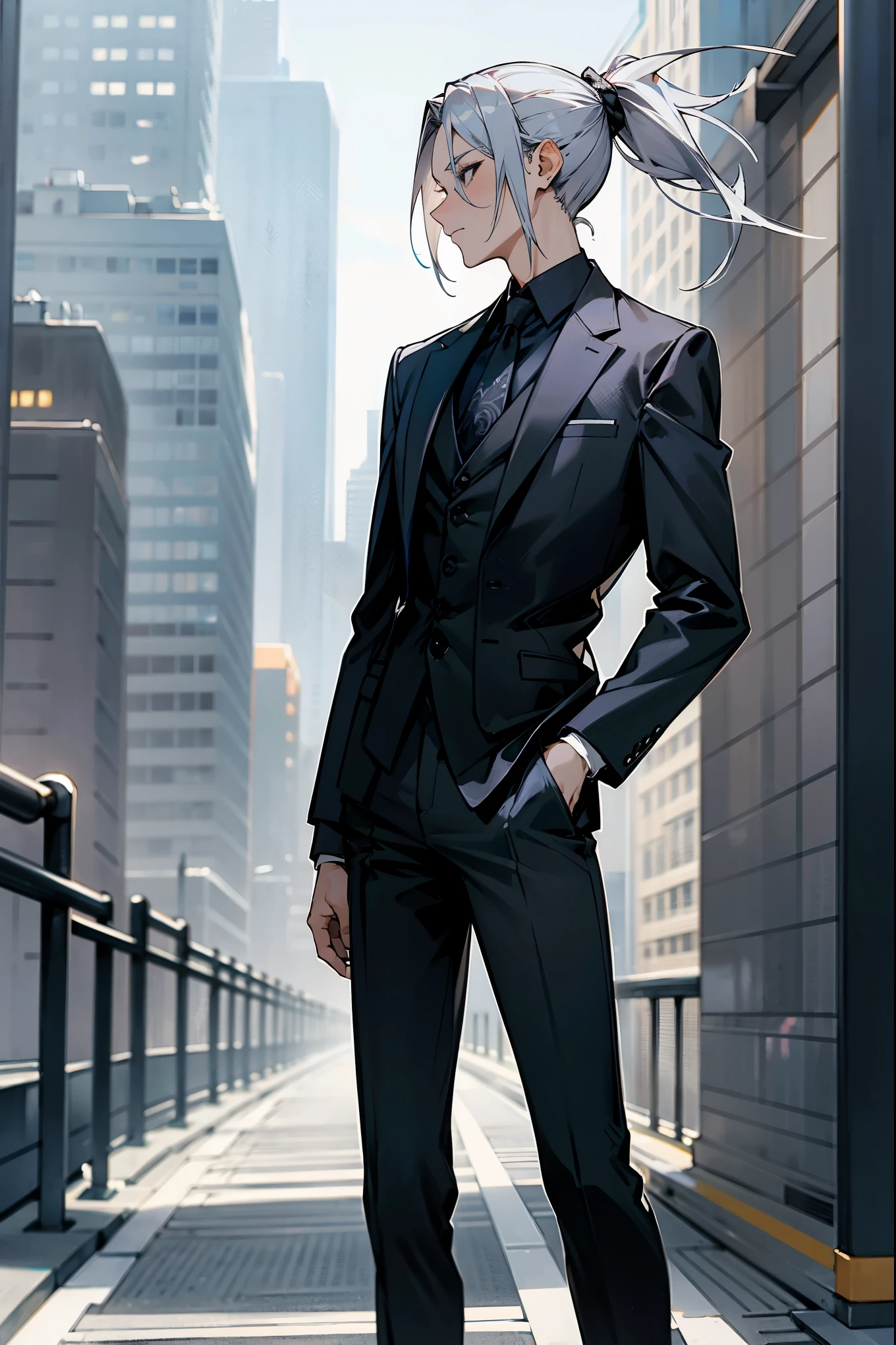 1male, grey hair, black eyes, ponytail, colored suit, pantsuit, funny, city background, detailed background, hands to side, standing on path