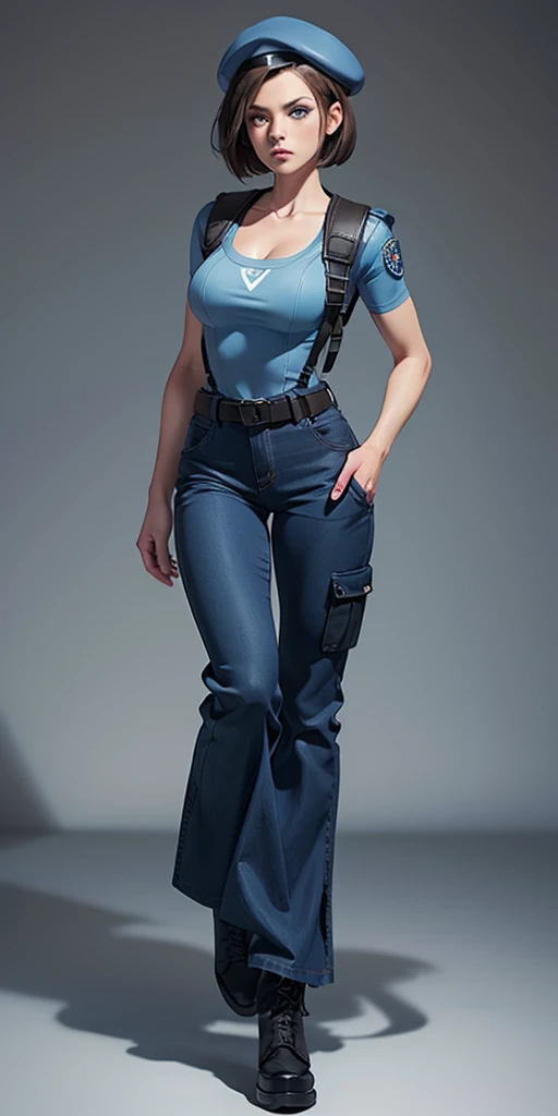 Jill Valentine, masterpiece, best quality, 1girl, solo, standing, jillre1, beret, uniform, shoulder pads, short sleeves, harness, belt, bell-bottom blue pants(Wide flares on pants:1.2), cleavage, black combat boots, full body, perfect blue eyes, perfect red mouth,