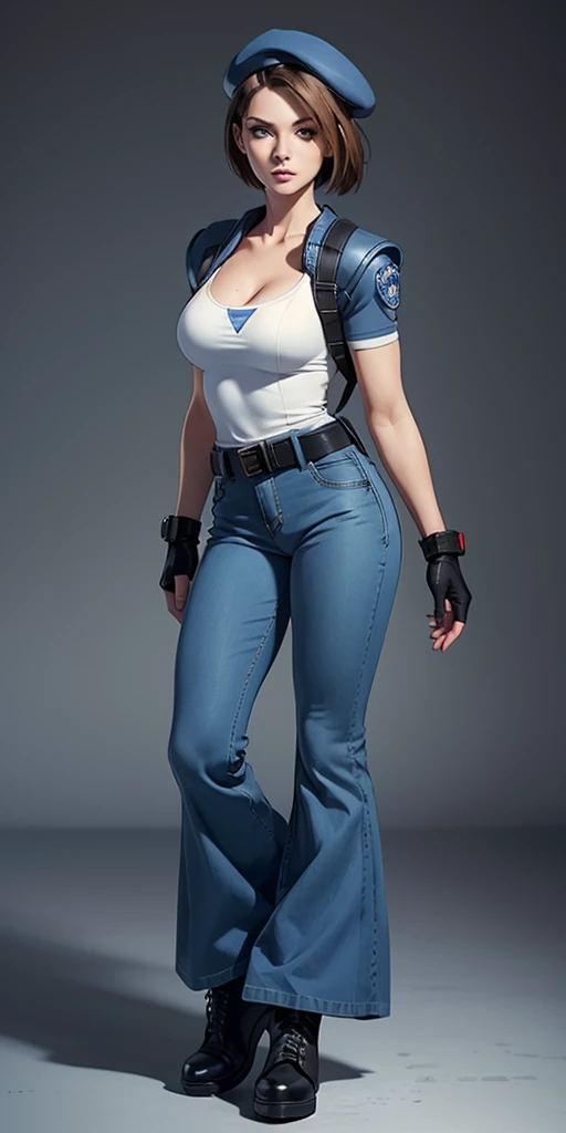 Jill Valentine, masterpiece, best quality, 1girl, solo, standing, jillre1, beret, uniform, shoulder pads, short sleeves, harness, belt, bell-bottom blue pants(Wide flares on pants:1.2), cleavage, black combat boots, full body, perfect blue eyes, perfect red mouth,