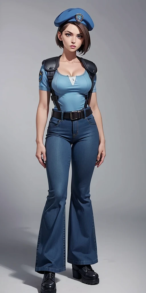 Jill Valentine, masterpiece, best quality, 1girl, solo, standing, jillre1, beret, uniform, shoulder pads, short sleeves, harness, belt, bell-bottom blue pants(Wide flares on pants:1.2), cleavage, black combat boots, full body, perfect blue eyes, perfect red mouth,