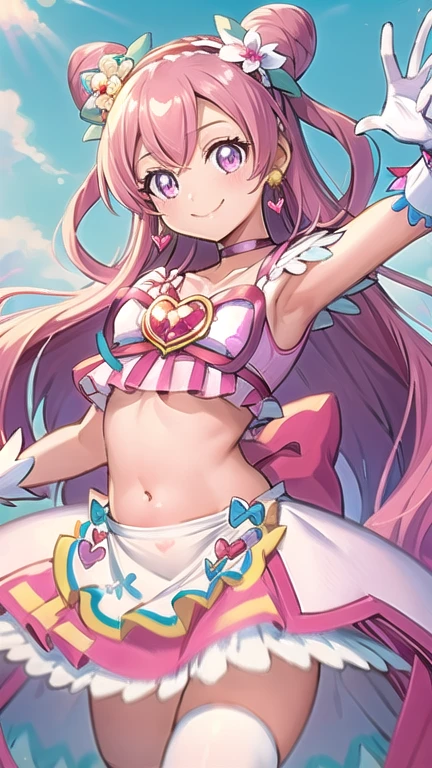 masterpiece, highest quality, (Cure Precious:1.3),(:1.6),(Belly button、Outdoor:1.3), Long Hair,Hair Flowers,  White gloves, Pink Hair, bow,  jewelry, Earrings, Corn Hair Bun, hair bow, Purple eyes, red bow,Shiny Hair, hair band, clavicle, Magical girl,  heart brooch, dress, Pink choker, short dress, skirt,  White apron, Both sides up, brooch, miniskirt,Pink Background, smile,Cowboy Shot,