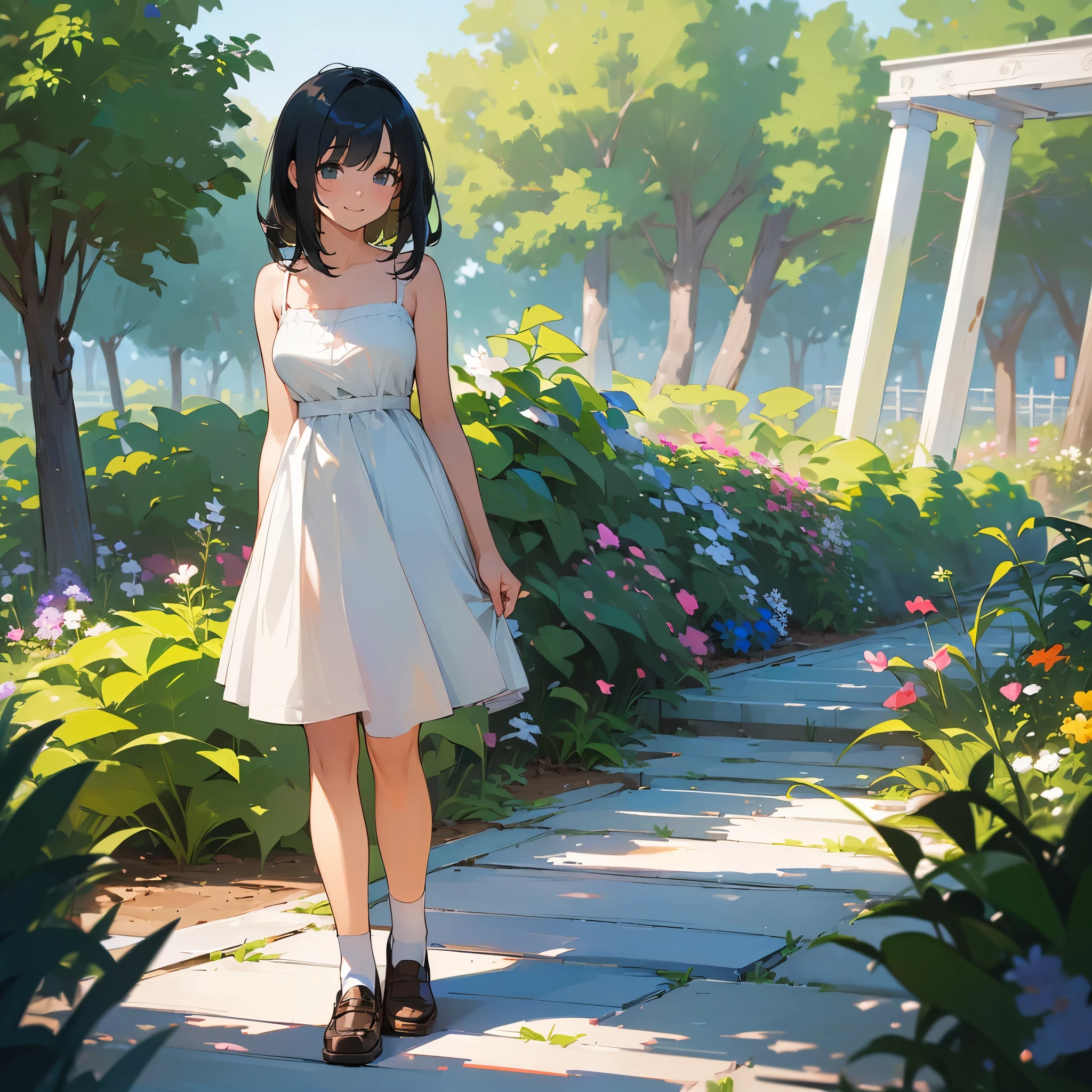 (high quality, High resolution, Very detailed, reality:1.37), Peaceful atmosphere, (Outdoor, garden), Teenage girl standing alone, (my breasts are big.), Beautiful details, Cute Smile, (Black bob hair), White camisole dress, White socks, loafers.