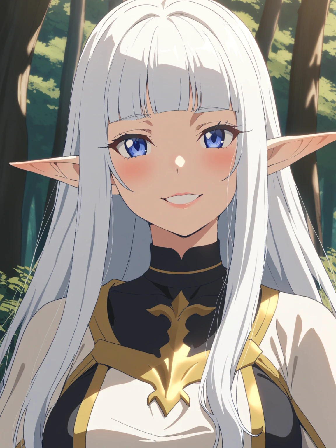 {{upper body, face focus}} {{Artist: Sincos}} 1 woman, solo, mature female, elf elegant, princess, pointy ears, blue eyes, long hair, straight hair, white hair, blunt bangs, lips, large breasts, happy, white tabard, gold trim, black collar, black undershirt, outdoors, forest, dappled sunlight, medieval fantasy.
