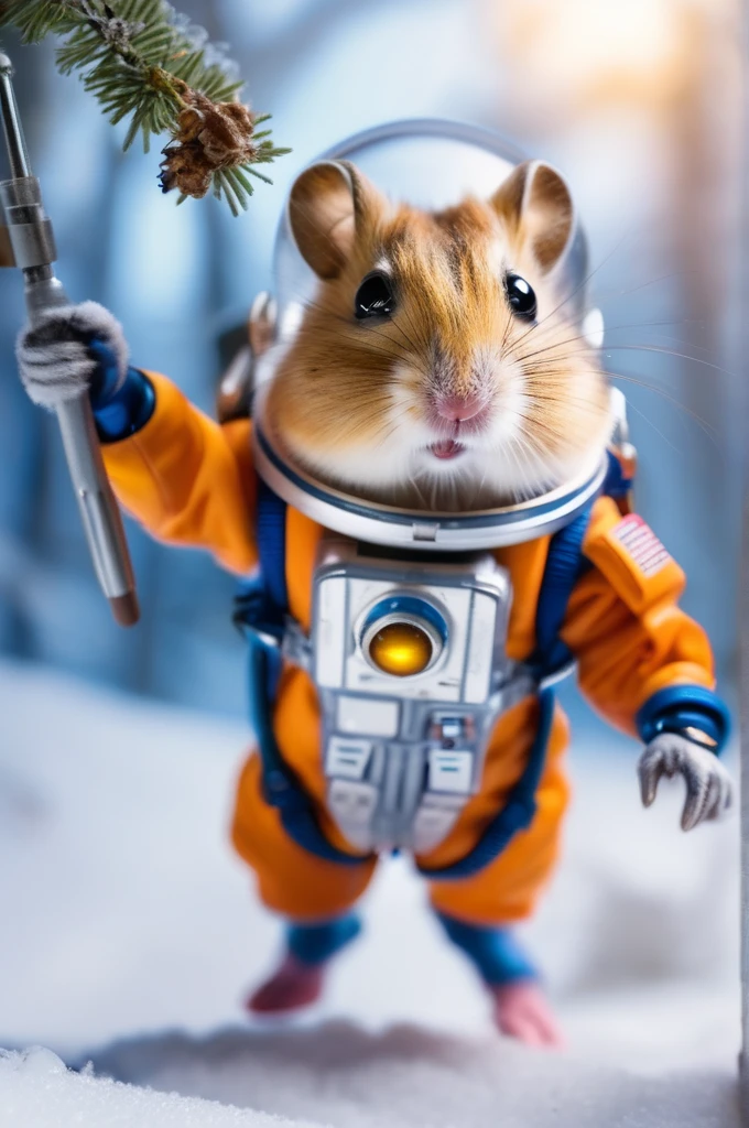 RAW Photos, delicate, highest quality,Hyper Detail, In detail, 8k, 32k, masterpiece,(Ultra-high resolution:1.2),Djungarian hamster wearing a space suit, taking off his helmet、The mission to the moon is ready, In the snowy forest、Cloudy Trees々and crunchy, cold,Hide in burrows and tree holes,Rim Light