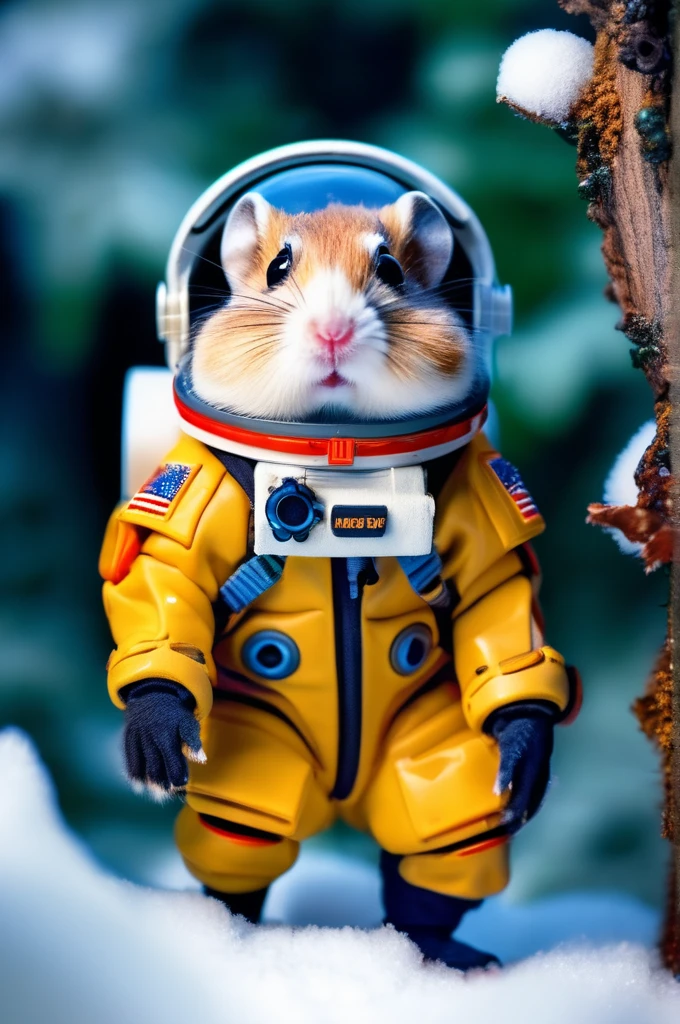 RAW Photos, delicate, highest quality,Hyper Detail, In detail,  8k, 32k, masterpiece,(Ultra-high resolution:1.2),Djungarian hamster wearing a space suit, taking off his helmet、The mission to the moon is ready, In the snowy forest、Cloudy Trees々and crunchy, cold,Hide in burrows and tree holes,Rim Light