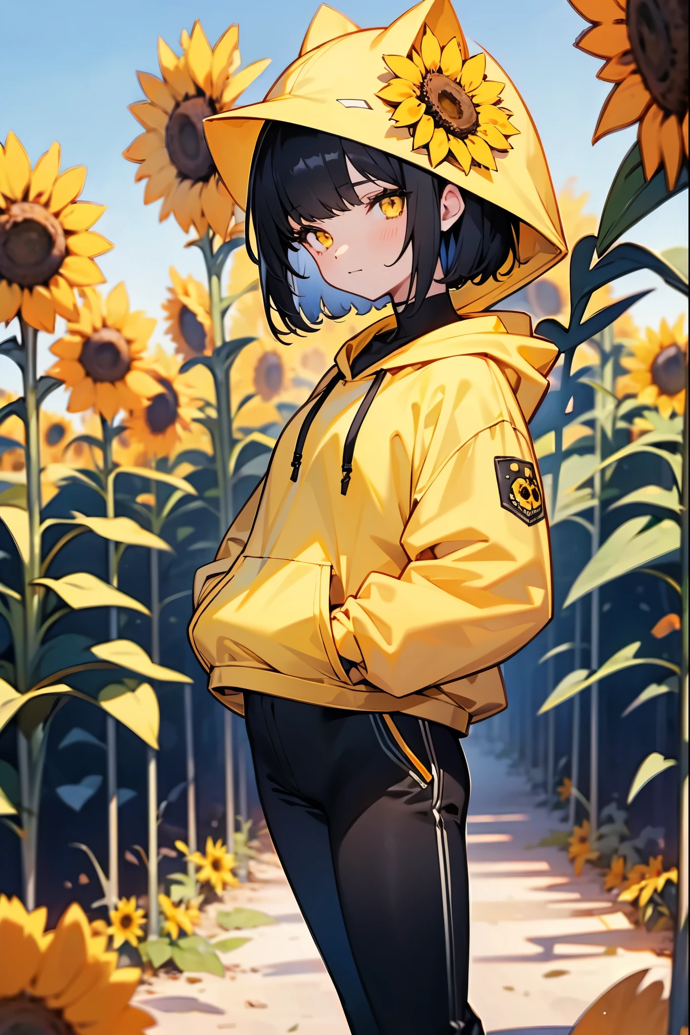 1female, black hair, short hair, yellow eyes, sunflower hoodie, hoodie, black pants, sunflower field, happy, detailed background, hands to side, standing on path