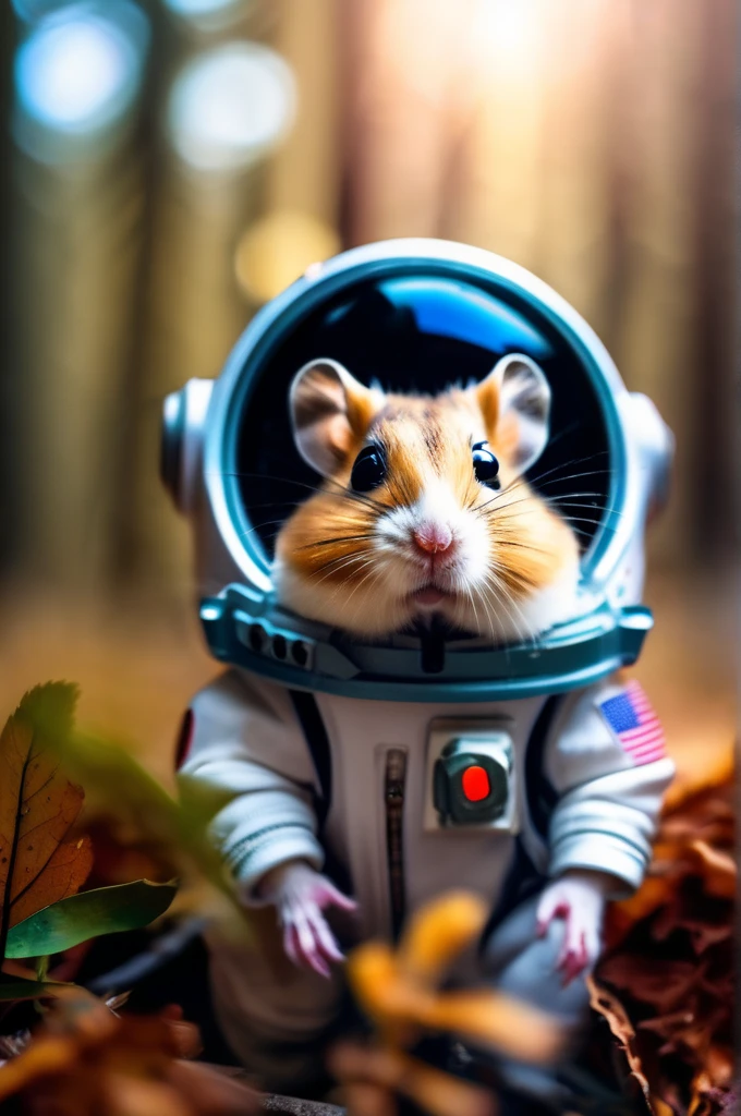 RAW Photos, delicate, highest quality,Hyper Detail, In detail,  8k, 32k, masterpiece,(Ultra-high resolution:1.2),Djungarian hamster wearing a space suit, taking off his helmet、The mission to the moon is ready, In the snowy forest、Cloudy Trees々and crunchy, cold,Hide in burrows and tree holes,Rim Light