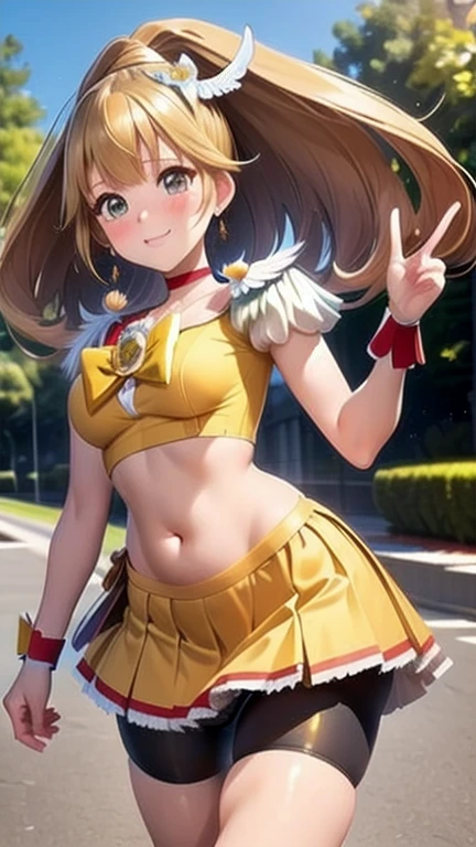 (cure peace),(Cute Face:1.5),(Cure Peace Costume:1.3),(:1.6),(Belly button、Outdoor:1.3),cure peace costume, wrist cuffs, yellow short leggings, short leggings under skirt, white boots