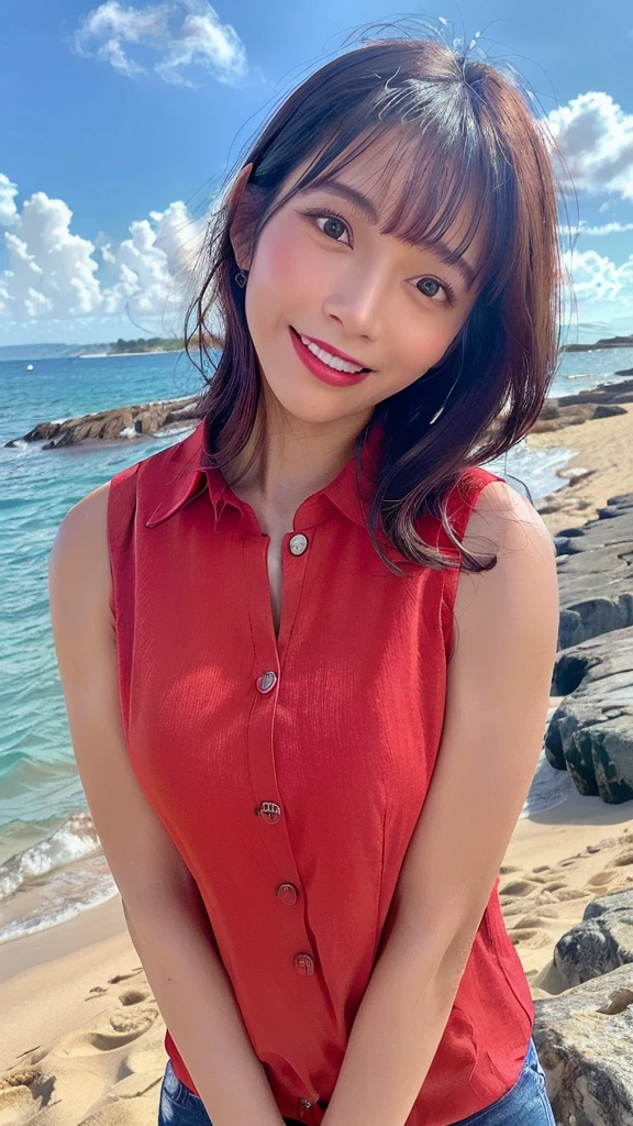 One girl, masterpiece, high quality, High resolution, monkey_d_Luffy, Straw hat, gender swap, (Red Shirt:1.5), (Open shirt:1.5),(Sleeveless shirt:1.5),  Outdoor, Big Breasts, Cleavage, whole body,  null, cloud, Complex background, Warm Light, Shorts Jeans, (Top crop:1.2), Covered nipples,  short hair, (Ocean:1.3), Beach,(dark skin:1.55)、(Droopy eyes, Natural Makeup、Ultra-high definition beauty face:1.35)、(Ultra high resolution perfect beautiful teeth, Mid-chest, Tight waist,laugh smile:1.15)、Use natural light and color,lity glossy lip