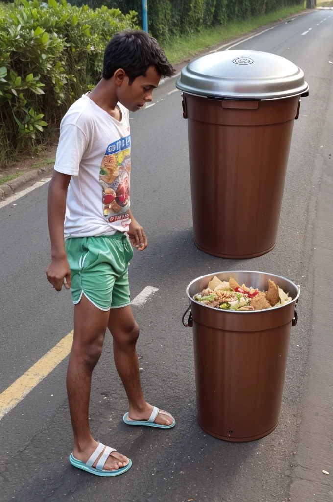 two in side the road searching food in the dustbin.they have no shart no shoes within durty pant.