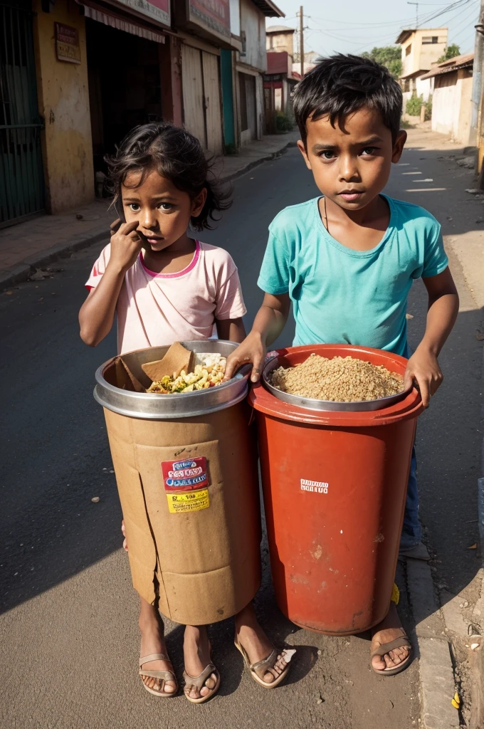 two in side the road searching food in the dustbin.they have no shart no shoes within durty pant.