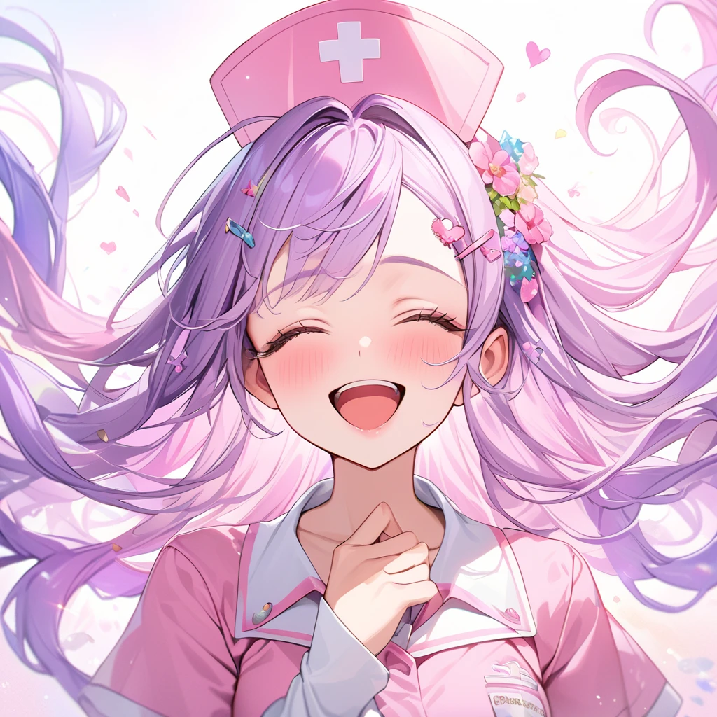 beautiful a girl wearing a pink nurse uniform and a pink nurse cap,, (highest quality,masterpiece,16K or 8K,Super detailed,gradient glitter ),(Upper body、front), background Colorful heart,  beautiful, masterpiece, highest quality、gradient hair, light blue-purple hair, floating hair, wavy hair,fluffy hair、 Hair in the wind, pastel wreath on head,Hairpins, heart-shaped hairpins with a red cross inside, green and black colored eyes, long eyelashes, beautiful eyes, light smile, bright pupils, (a girl closes her eyes and opens her mouth and smiles happily.),digital illustration, highest quality,High resolution,  romantic academia, romantic atmosphere, fantasy, white background, happy, laughing,