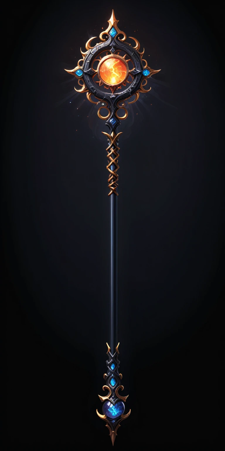 pixel art, cartoon illustration, Divine glavie greatstaff, Powerfull Magical theme, simple black background, RPG game icon