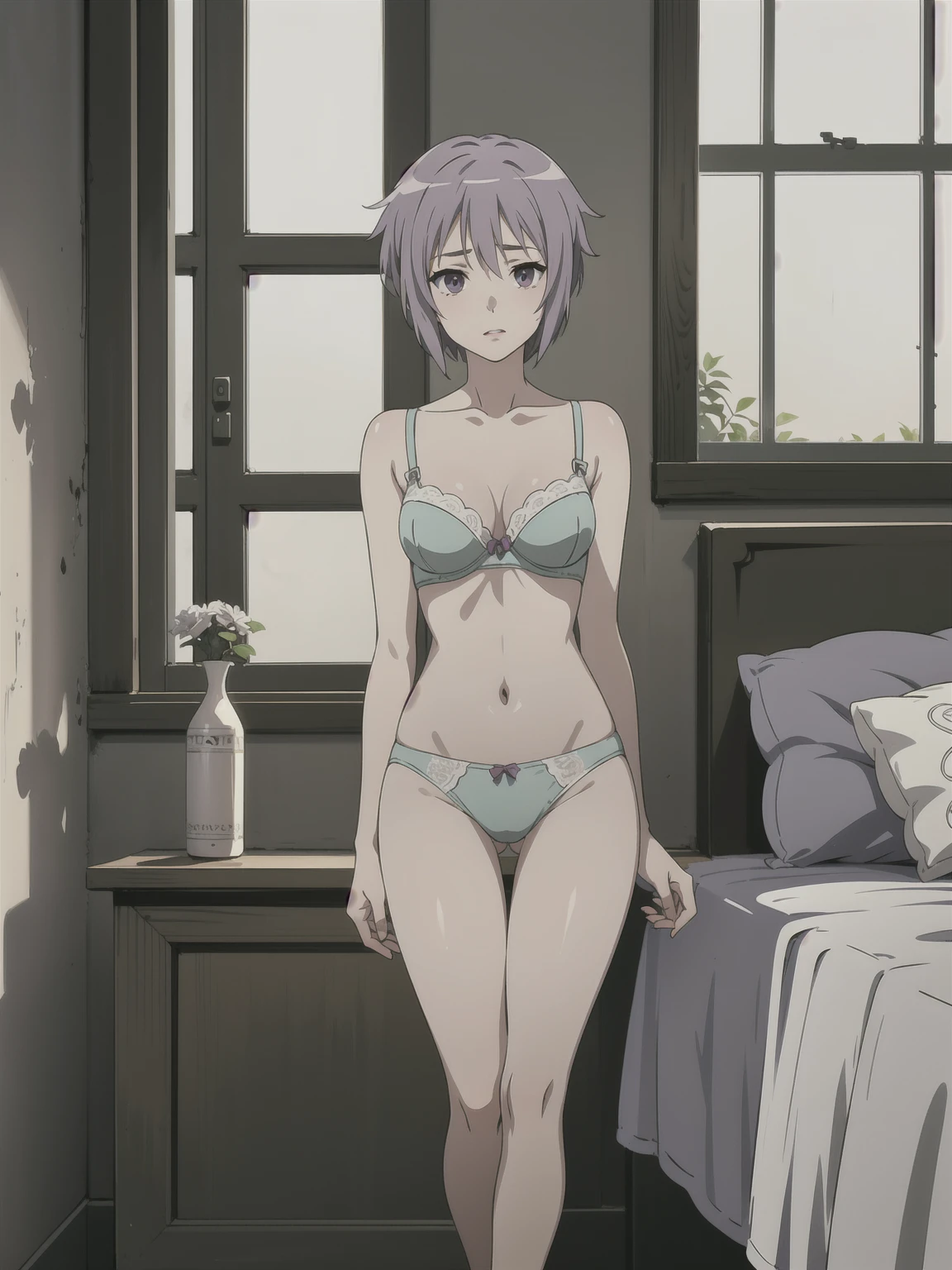 (A superb exquisite yuki nagato), (yuki nagato:1.5), brown eyes, brown hair, natural straight hair, solo, nature, extremely delicate, straight facial features, peerless beautiful girl, soft, (sensual face), ((ecchi face)), dreamy quality, exaggerated facial features, solid color, frank holly, delicate face, bright lips, slender waist, soft curves, real light and shadow, super fine, 4k, natural moving, Ultra high resolution, (masterpiece:1.2, best quality), (finely detailed beautiful eyes: 1.2), (beautiful detailed face), sexy nude model, sexy pose, (medium chest), (Perfect Body Proportions), (bedroom), Mekosuji, Spread your legs a little and show off your crotch, bra & panties,