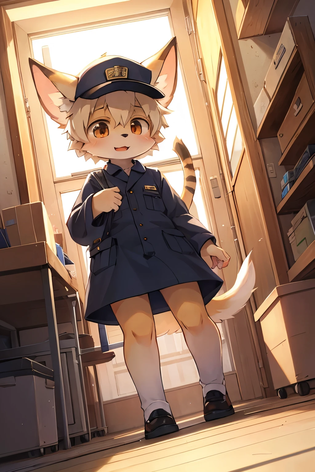 kemoshota, mailboy, post officer, baggy cap, naked, mail bag, dynamic angle, tail, animal ears