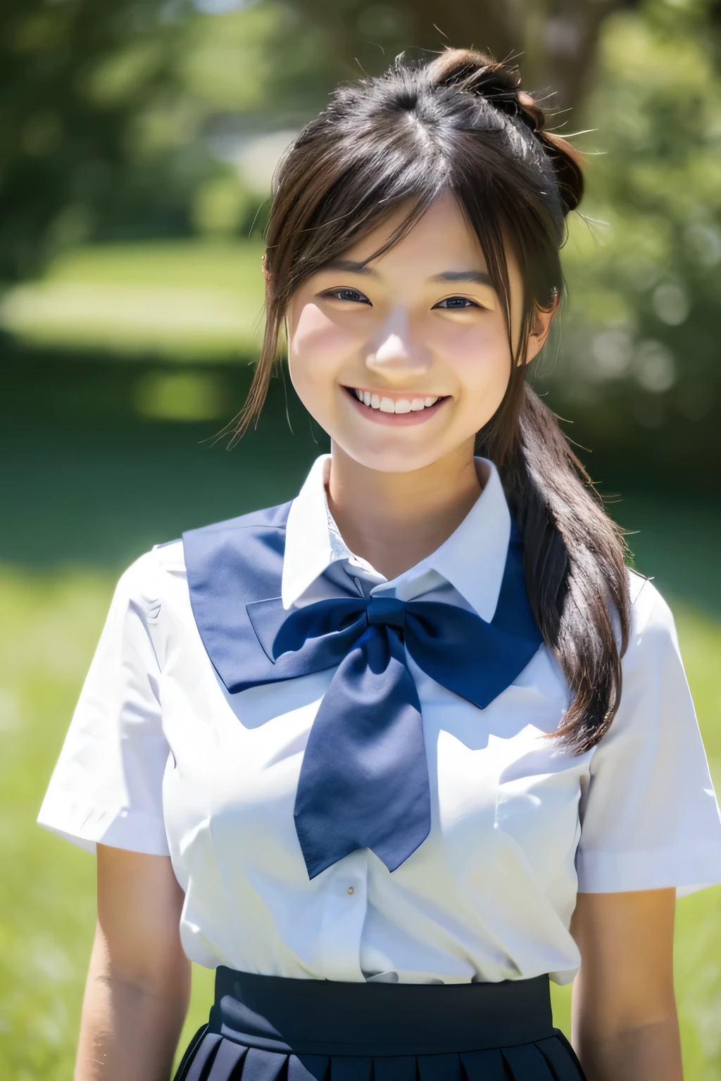 ((masterpiece)), japanese, (a girl), (18 years old), smiling, on grass, blue sky, hair bun, collared shirt, skirt, bow tie, tits,