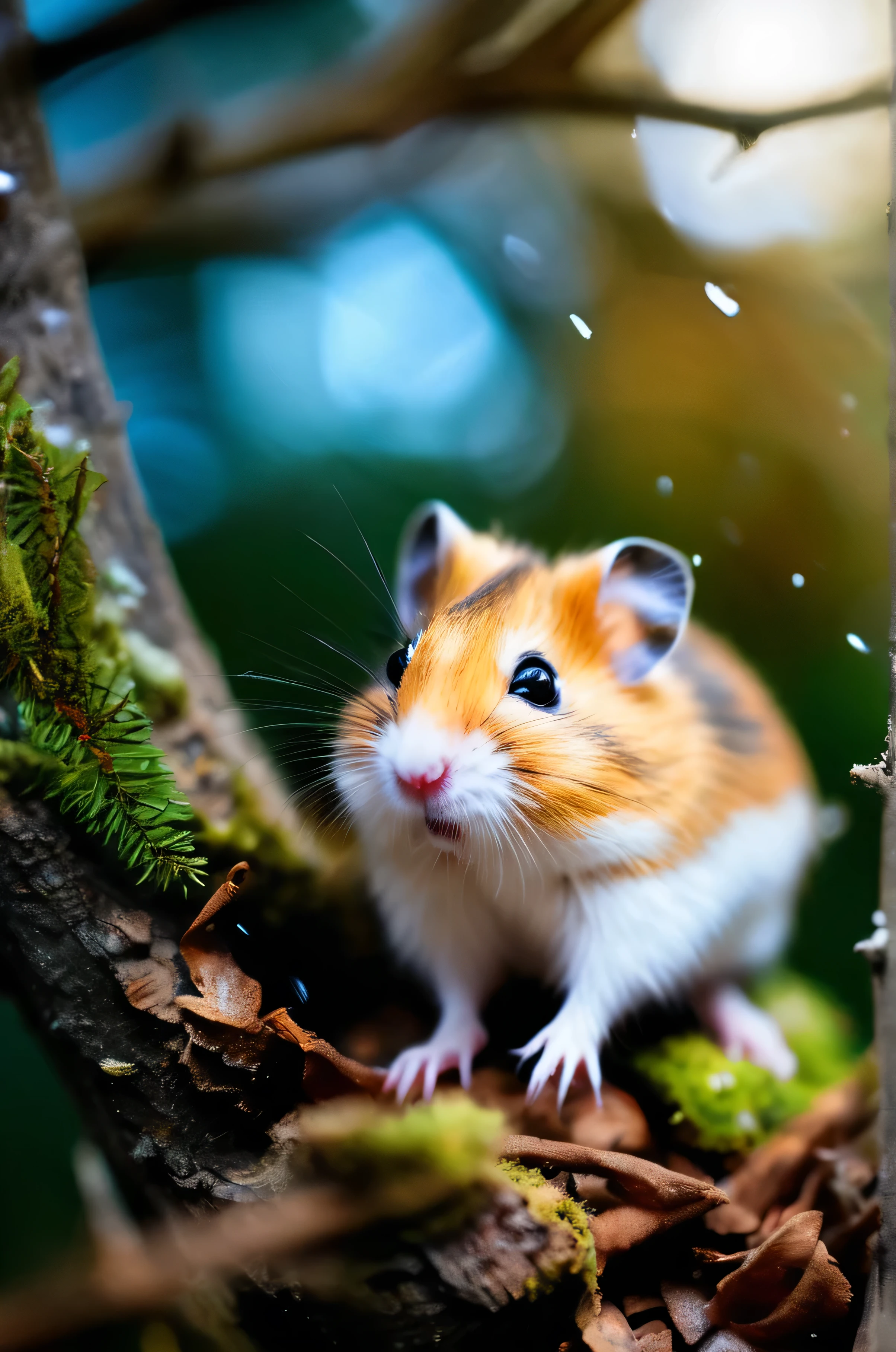 RAW Photos, delicate, highest quality,Hyper Detail, In detail,  8k, 32k, masterpiece,(Ultra-high resolution:1.2),Djungarian hamster wearing a space suit, taking off his helmet、The mission to the moon is ready, In the snowy forest、Cloudy Trees々and crunchy, cold,Hide in burrows and tree holes,Rim Light