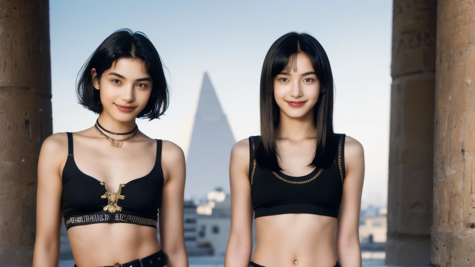 244 (An 18-year-old female and an 18-year-old male), short hair,kind, lipstick, Egyptian civilization, Waist belt, Hieroglyphics, smile