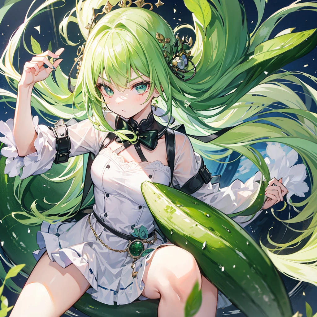 a girl holding a cucumber menacingly