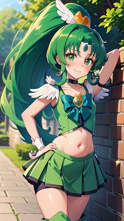 (cure march),(Cute Face:1.5),(Cure March Costume:1.3),(:1.6),(Belly button、Outdoor:1.3),march_a, long hair, high ponytail, green hair, green eyes, feather hair ornament, green choker, cure march costume, green shorts under skirt, green shorts, green boots,