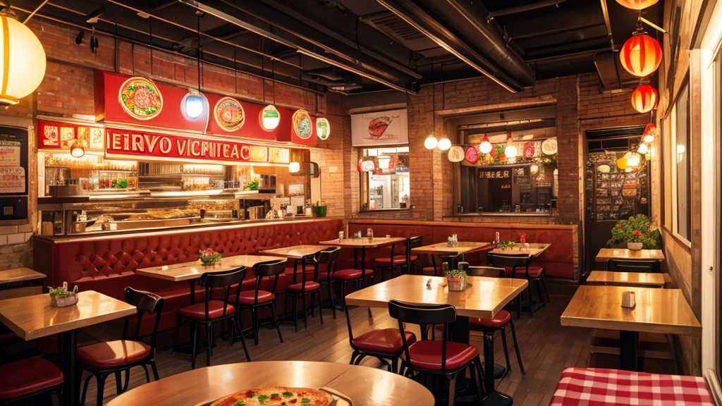 a pizzeria with a celebratory atmosphere and vibrant colors,1 chef,steam rising from pizza oven,customers smiling and laughing,neon lights,colorful balloons,festive decor,warm lighting,open kitchen,crowd of people,long wooden tables,red and white checkered tablecloths,Italian music playing,aromas of fresh baked pizza,group of friends enjoying dinner,families with children,lively atmosphere,best quality,4k,8k,highres,masterpiece:1.2,ultra-detailed,realistic,photorealistic,photo-realistic:1.37,HDR,UHD,studio lighting,ultra-fine painting,sharp focus,physically-based rendering,extreme detail description,professional,vivid colors,bokeh