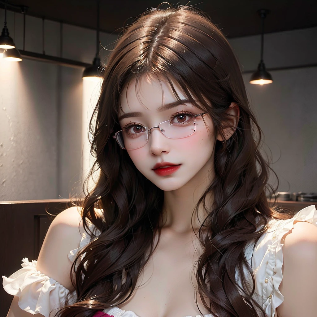 Brunette girl, straight dark brown hair slightly below the shoulders. dark brown eyes, nariz delgada, labios un poco rellenos y cejas curvas. Con lentes