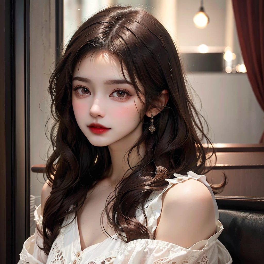 Brunette girl, straight dark brown hair slightly below the shoulders. dark brown eyes, nariz delgada, labios un poco rellenos y cejas curvas. Con lentes