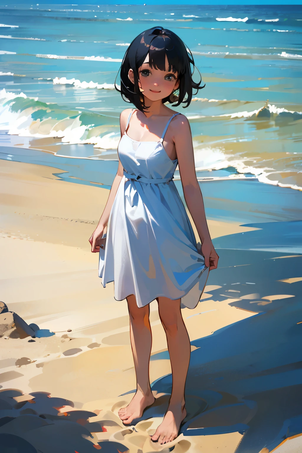 (high quality, High resolution, Very detailed, reality:1.37), Peaceful atmosphere, (Sandy Beach), age girl standing alone, (my breasts are big.), Beautiful details, Cute Smile, (Black bob hair), White camisole dress, barefoot.