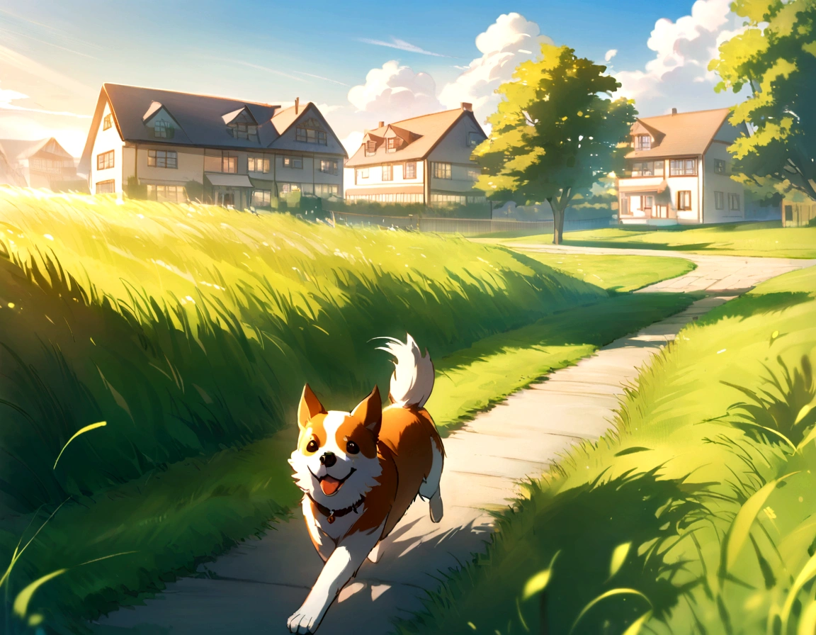 small dog, running dog, grassy field, bright sunlight, houses in background, joyful scene, lush green grass, well-maintained field, motion, liveliness, energy, wind, breeze, suburban charm, warm glow, tranquility, happiness, vibrant, dynamic, main focus, sense of place, context