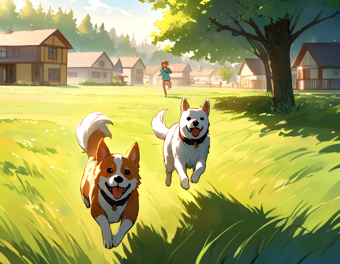 small dog, running dog, grassy field, bright sunlight, houses in background, joyful scene, lush green grass, well-maintained field, motion, liveliness, energy, wind, breeze, suburban charm, warm glow, tranquility, happiness, vibrant, dynamic, main focus, sense of place, context