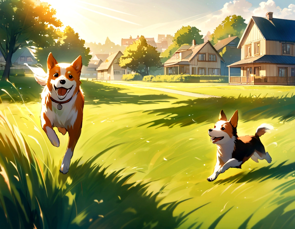 small dog, running dog, grassy field, bright sunlight, houses in background, joyful scene, lush green grass, well-maintained field, motion, liveliness, energy, wind, breeze, suburban charm, warm glow, tranquility, happiness, vibrant, dynamic, main focus, sense of place, context