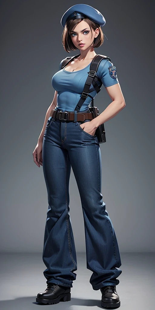 Jill Valentine, masterpiece, best quality, 1girl, solo, standing, jillre1, beret, uniform, shoulder pads, short sleeves, harness, belt, bell-bottom blue pants(Wide flares on pants:1.2), cleavage, black combat boots, full body, perfect blue eyes, perfect red mouth,