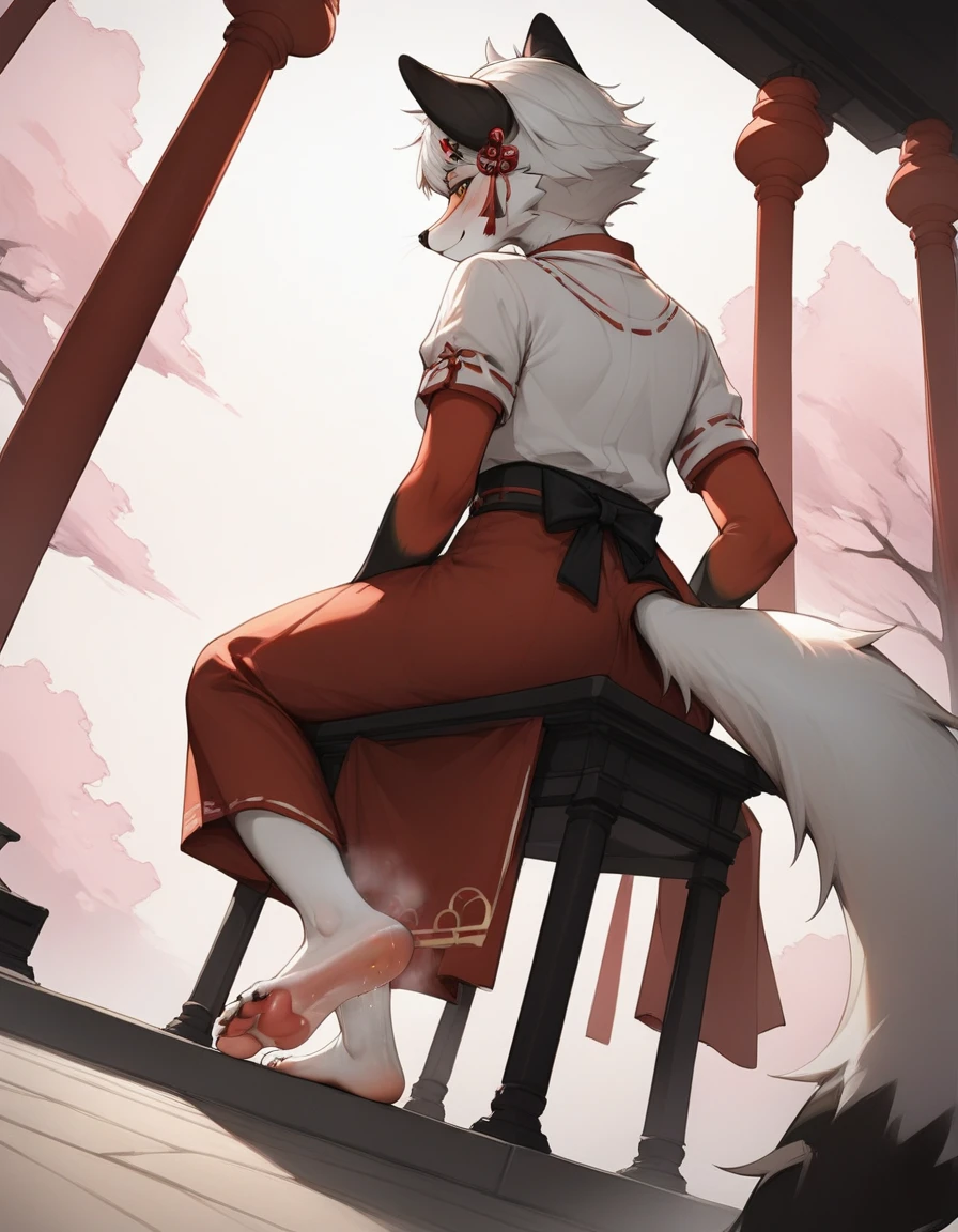 score_9, score_8_up, score_7_up, score_6_up, source_anime, rating_safe, dagasi_style, furry, temple, fox girl, sitting, low view, from behind, soles at spectator, showing soles, grinning, sole, barefoot, paw_sloe, sharp_toenails, pawpads, 5 toes, steaming and sweat feet, stinky feet